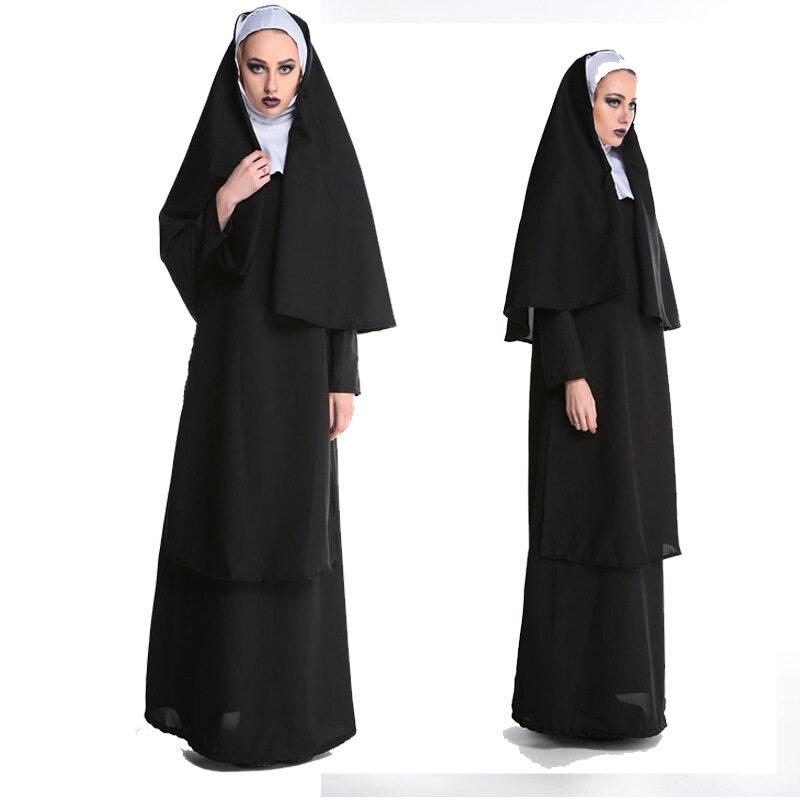 Женский костюм монахини на Хэллоуин, черный христианский католический халат капеллана, платье, пасхальный халат монахини с капюшоном