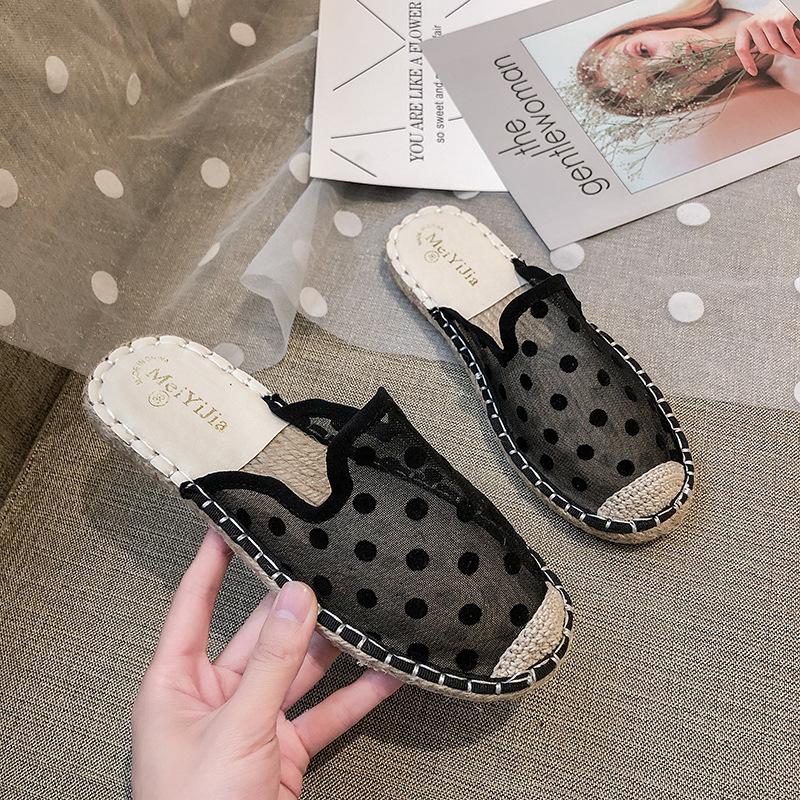 Новые женские повседневные туфли для рыбалки, женские туфли на сухожильных подошвах, плоская подошва, соломенная плетеная пеньковая веревка, сетка в горошек Baotou Half Drag456