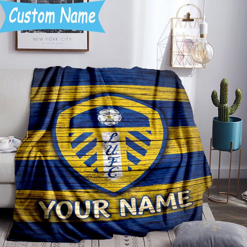 Custom Name Leeds United Crest Design Flannel Blanket, Use for Birthday/Holiday Gift, Soft Blanket for Sofa/Bed/Camping/Office, Home Decor