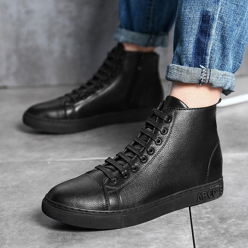 Men Boots Lace Up Winter High Top Leather Cotton Shoes Fashion Ankle Boots Business Casual Outdoor Fur Warm Shoes Male Sneakers