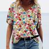 Summer V-neck 3D Flower Ink Painting Printed Top Fashionable Casual Short Sleeved Women's T-shirts