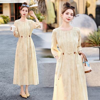 Платье макси с круглым вырезом и принтом тай-дай, летняя мода, темперамент, ремесло, французская талия, рукав три четверти