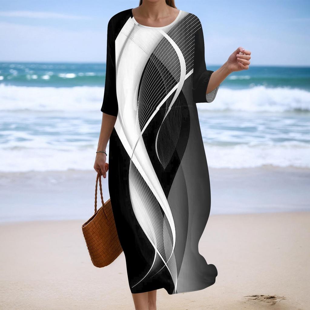 Женское модное платье свободного кроя с принтом, круглым вырезом и рукавом три четверти