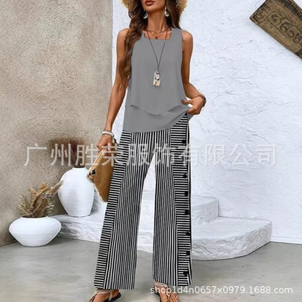 Layer Double Women Sleeveless Vest And Pants Set Casual Solid Two Piece Outfit Fashion Daily Matching Suit