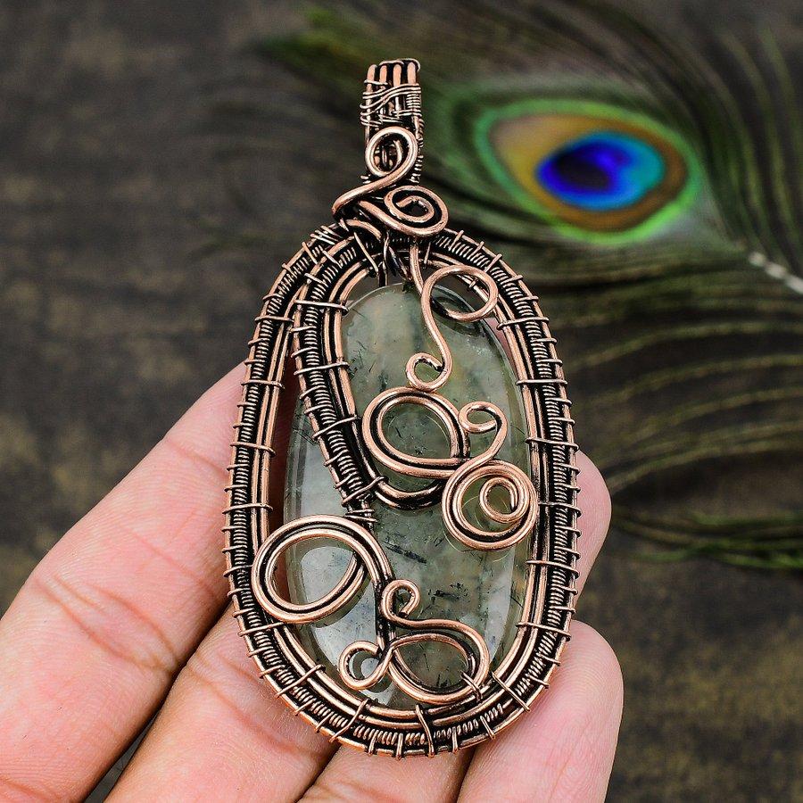 Prehnite Gemstone Copper Wire Wrap Jewelry Pendant 3.47