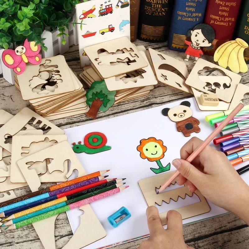 Детские игрушки для рисования 20/32/50 шт. Деревянные трафареты для DIY-рисования, шаблоны, поделки, игрушки-головоломки, развивающие игрушки для детей, подарки