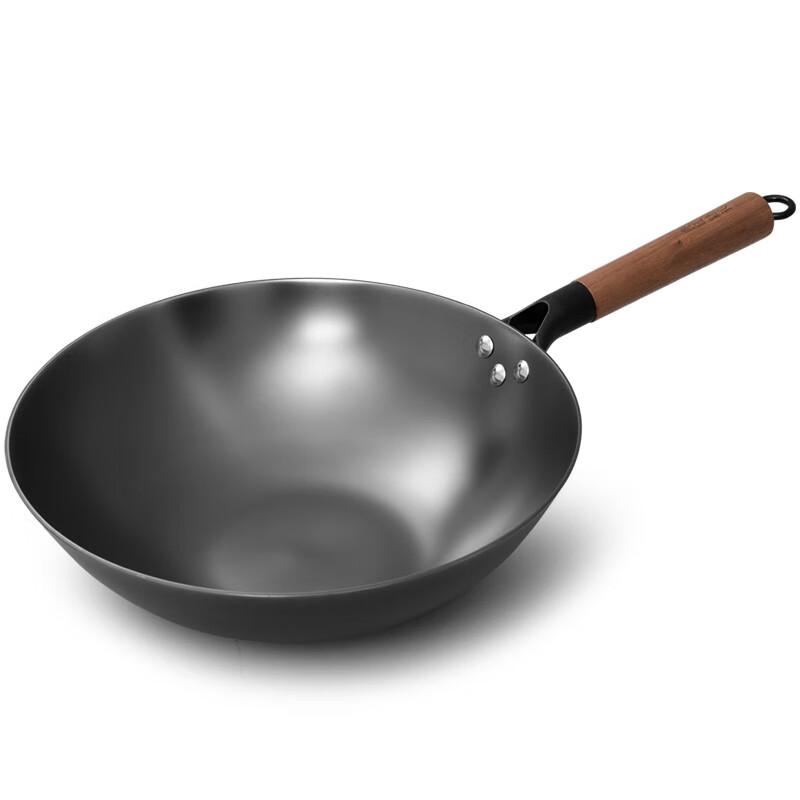 Cast Iron Flat-Bottom Wok, 32cm, Household Use, Uncoated, Traditional Cast Iron Cooking Pan, Rust-Resistant, Compatible with Induction Cookers