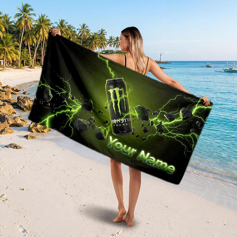Пляжное полотенце Monster Energy с индивидуальным текстом имени, Мягкое впитывающее полотенце для пляжа, бассейна, путешествий, Персональный подарок