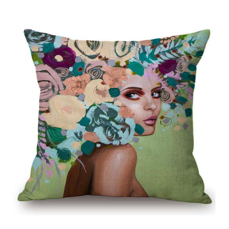 Modern Flower Head Girl Oil Painting Art Cotton Linen Sofa Throw Pillow Case Fashion Floral Lady Decoration Cushion Cover