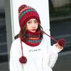 Fashion new winter hat women's scarf suit warm contrasting color knitted velvet thickened versatile hairball