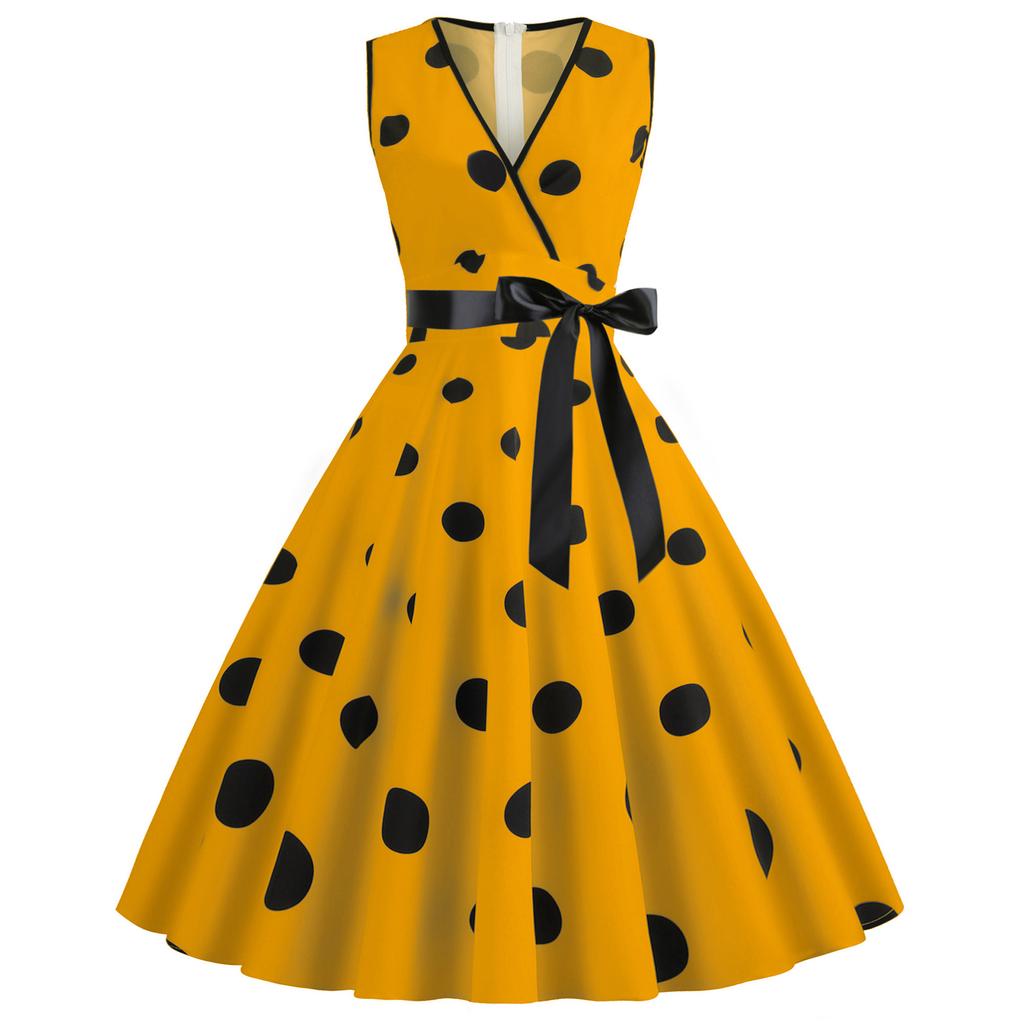 Women's Retro V-Neck Sleeveless Patchwork Polka Dot Print Large Skirt Dress