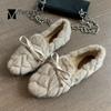 Fashion Winter Plaid Fur Flats Women Pu Butterfly-knot Cotton Shoes Woman Fairy Fleeces Loafers Comfy Plush Fluffy Moccasins Female