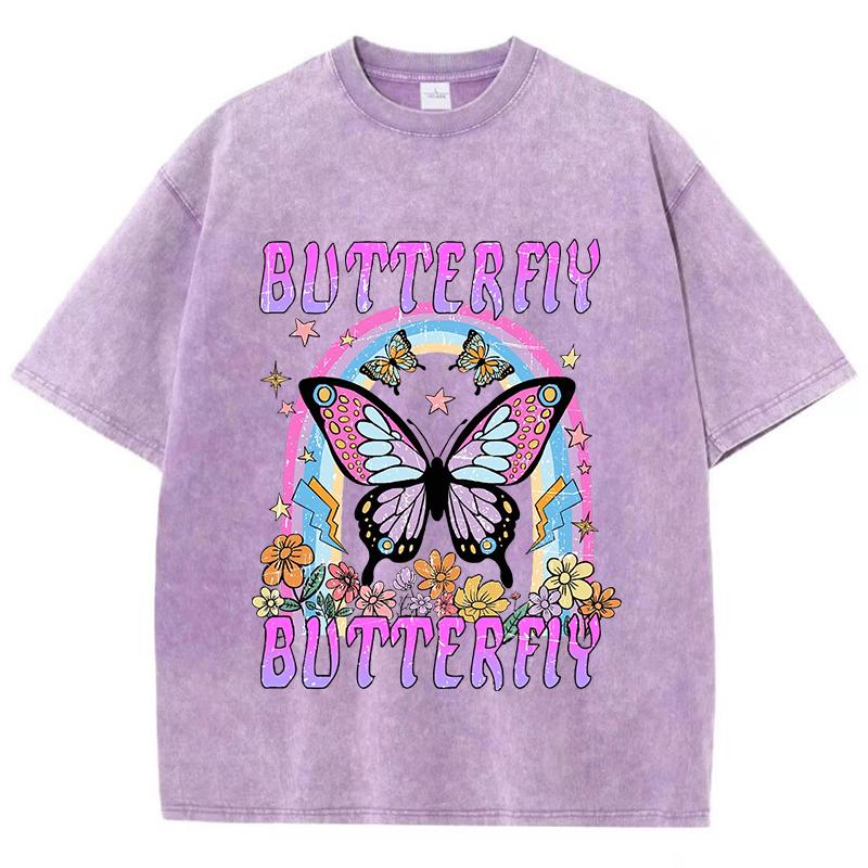 Женские футболки оверсайз с принтом радуги и бабочки, хлопковые футболки с круглым вырезом, футболки оверсайз, винтажная одежда