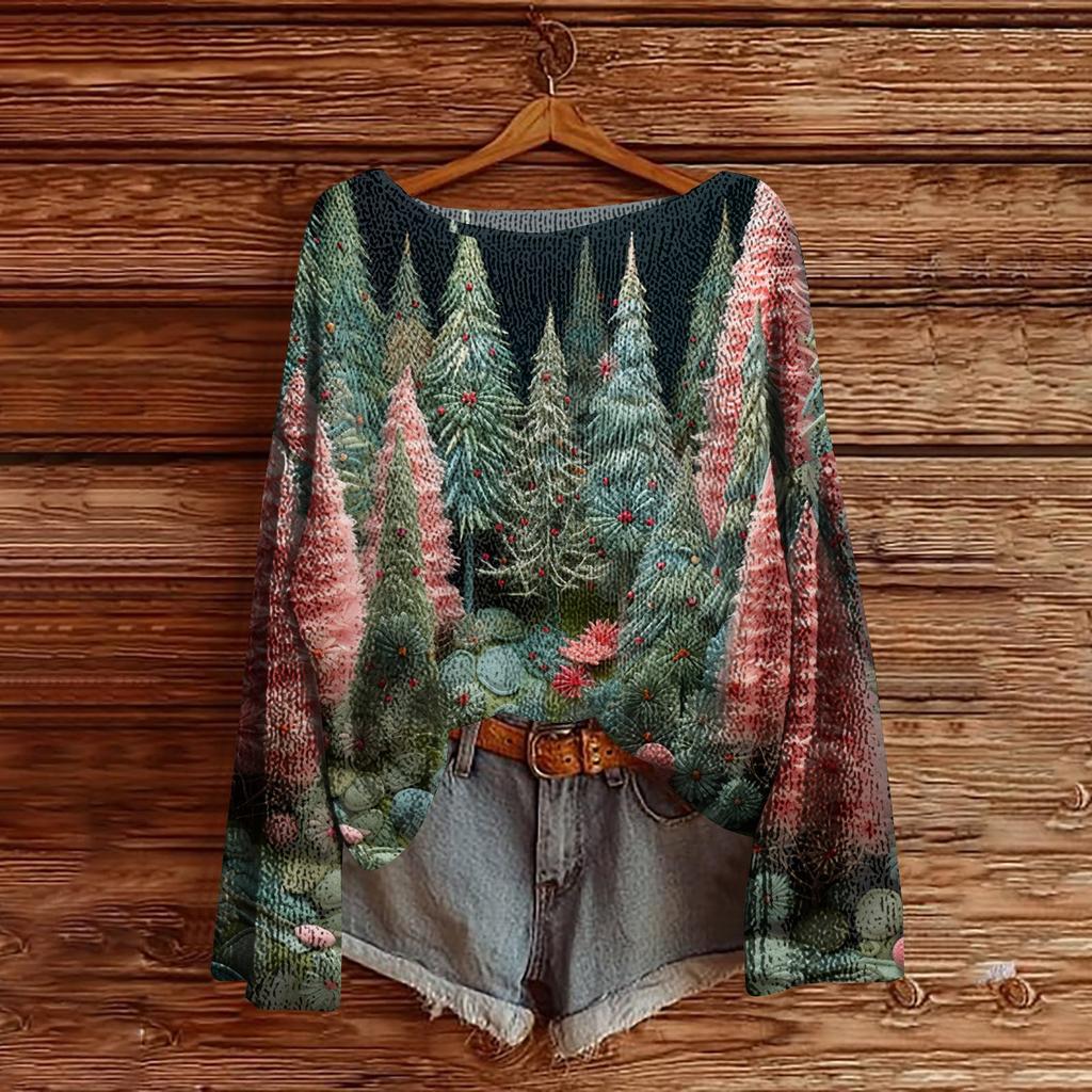 Women's Christmas Print Lightweight Sweater Casual Long Sleeve Knitted Pullover