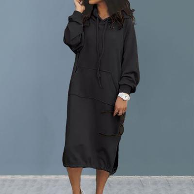 Женское платье-толстовка с капюшоном и длинными рукавами, передний карман и боковой разрез, завязка на подол, сплошной цвет, толстовка, платье миди, уличная одежда