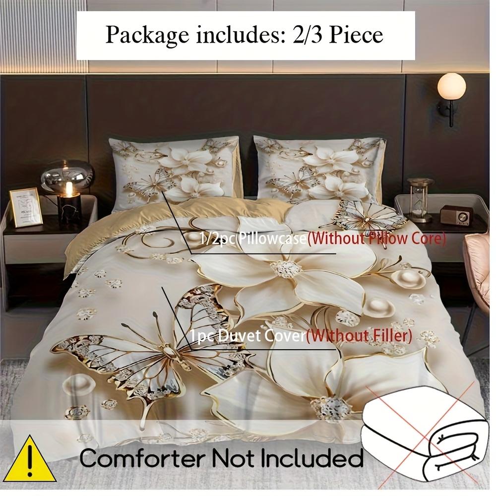 3pcs Champagne Bedding Set Pearl Flower Print Cozy Duvet Cover King Queen Twin Size Birthday Gift for Girl Adult Bedroom Decor