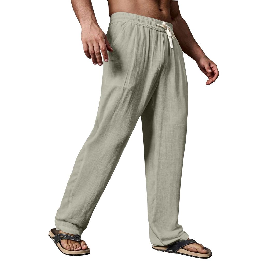 Мужские летние повседневные брюки на шнурке Мужские дышащие брюки из хлопка и льна