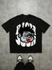 100% Cotton Summer Street Tee Streetwear Vintage Funny Face & Red Text Print Black Loose Drop Shoulder Graphic T-Shirt