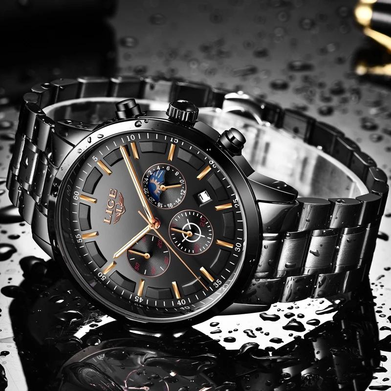 LIGE Business Watches Mens Top Brand Luxury Quartz Wristwatch 3Bar Waterproof Chronograph Luminous Watch for Gentleman Gift+Box