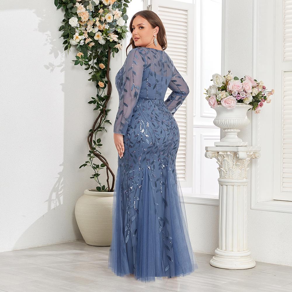 Элегантное платье-русалка с вышивкой больших размеров, круглый вырез, длинный рукав, на подкладке, молния сзади