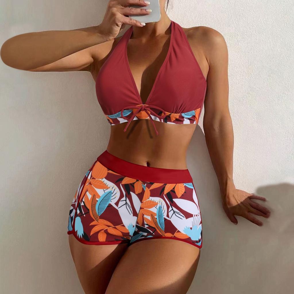 Women's Paneled Printed Swimsuit Ladies Fashion Sexy Split Boxer High Waist Swimsuit Two-Piece Set V-Neck Bathing Suits Female