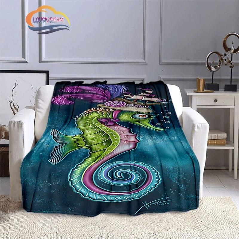 Marine Animal Sea Horse Blankets Super Soft Hippocampus Flannel Blanket Warm Lightweight Kids Bedding Sofa Chairs All Seasons