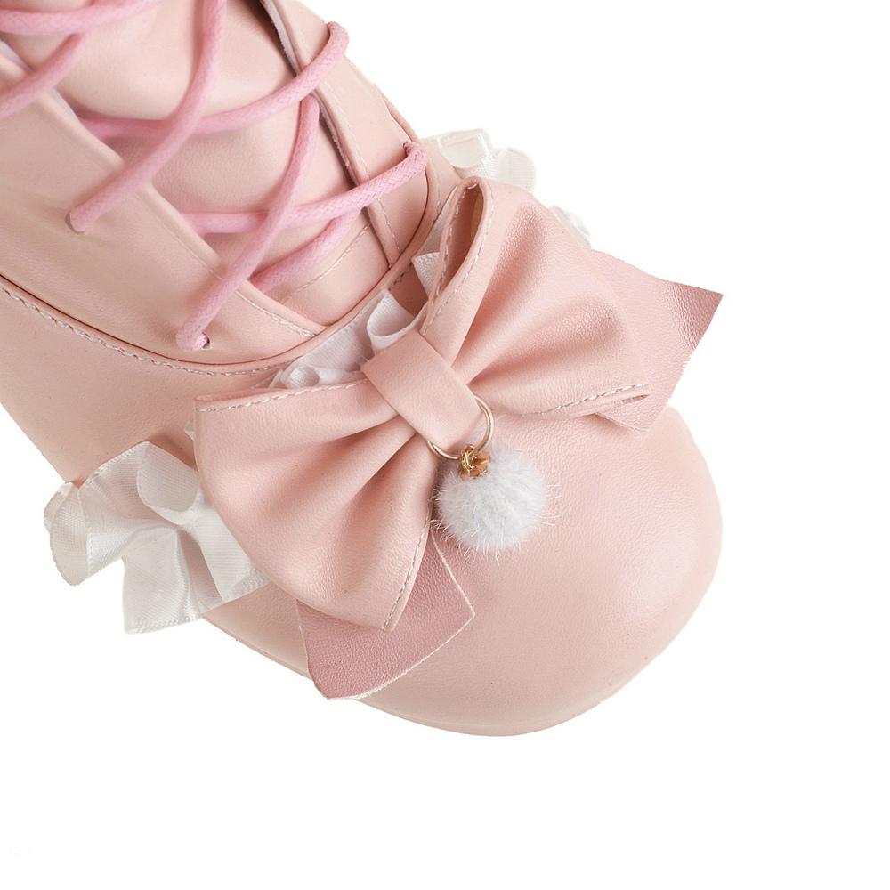 Модные туфли принцессы Лолиты для свадебной вечеринки на платформе с перекрещивающимися бантами белого и розового цвета на среднем каблуке с помпоном, женские с кружевным краем