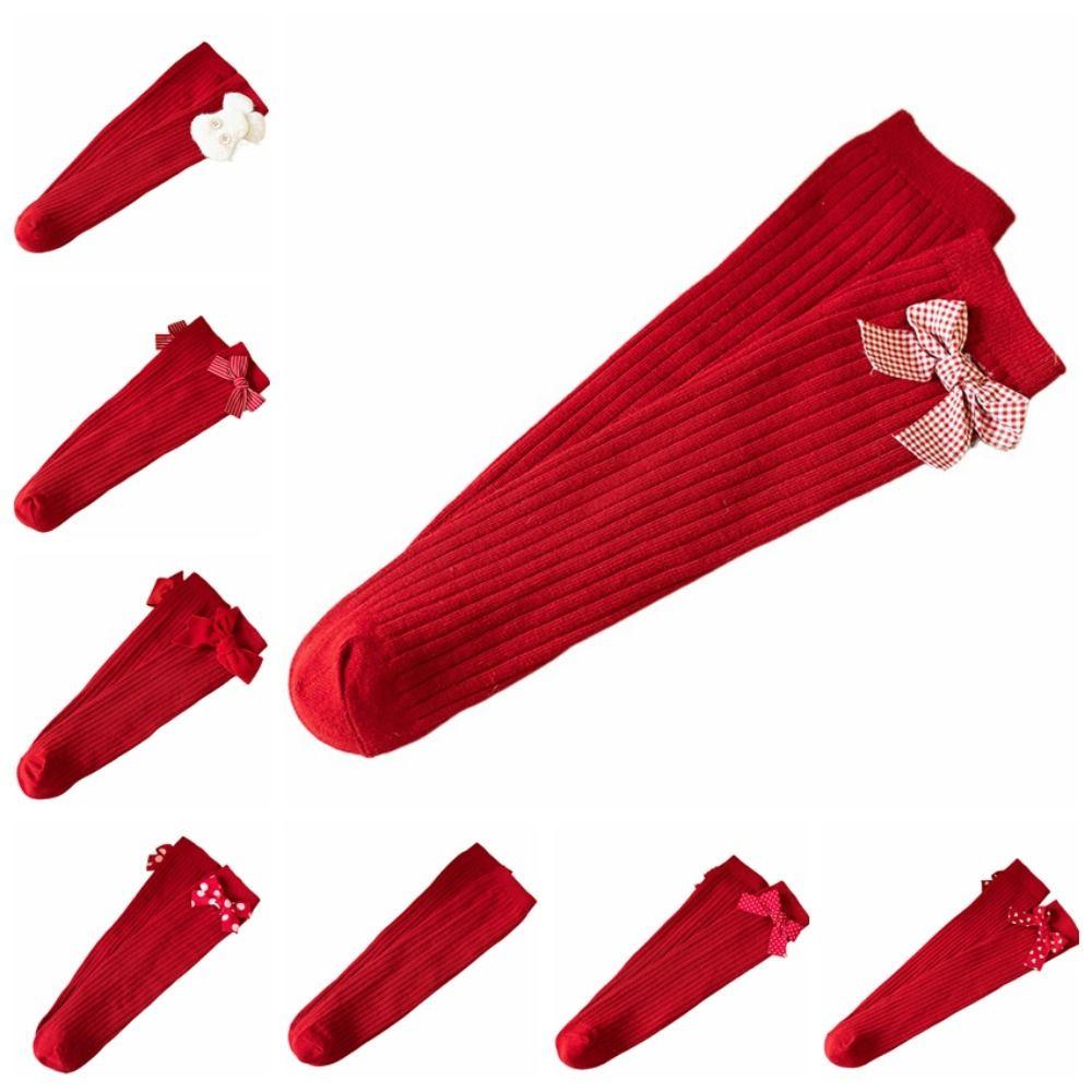 Sweet Dot Red Bowknot Stockings Stripe Grid Children Knee High Socks Stockings for Girl Children