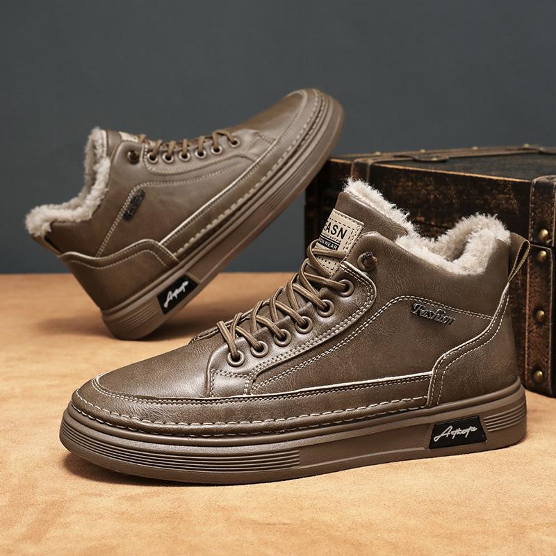 Men Boots Winter High Top Leather Shoes Plush Keep Warm Fashion Ankle Boots Business Casual Outdoor Shoes