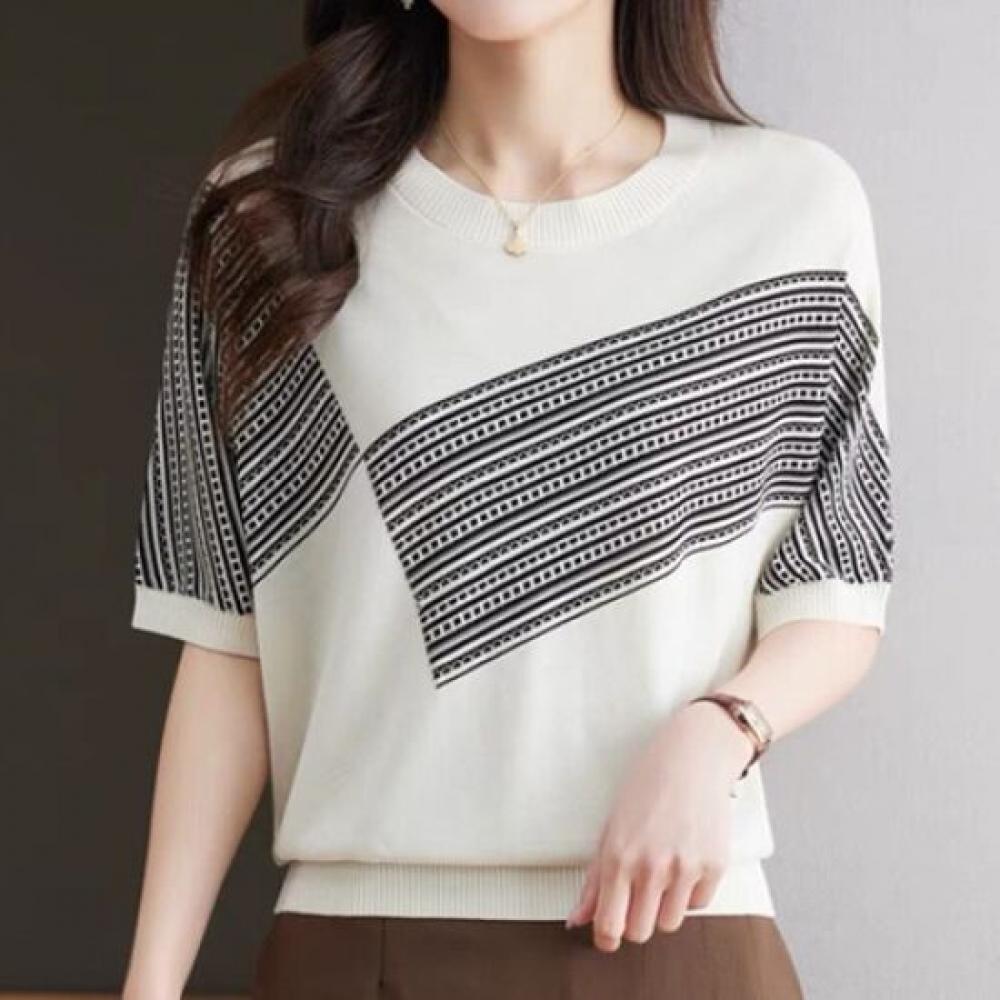 Navava Striped Point Round Neck Short Sleeve Knit Nk2253