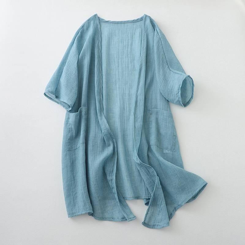 Ultra Thin Cotton Linen Loose Cardigan Women's Mid To Long Blouse Shawl Jacket Paired with Plus Size Sun Protection Shirt