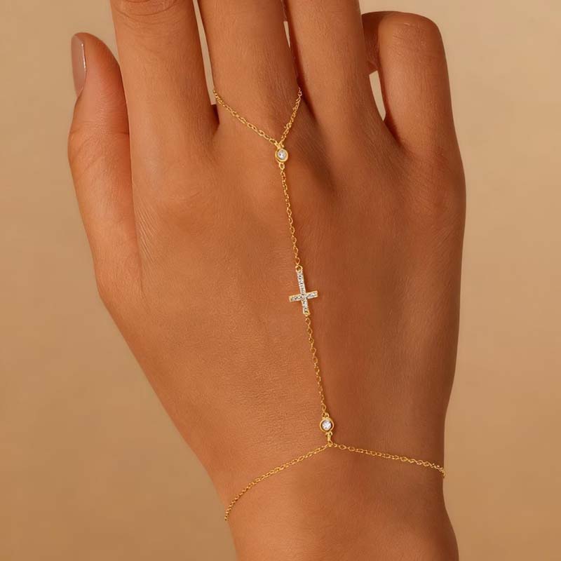 Fashion Metal Cross Finger Ring Bracelet for Women Exquisite Crystal Zircon Bead Link Chain Hand Bangles Wedding Jewelry Gift