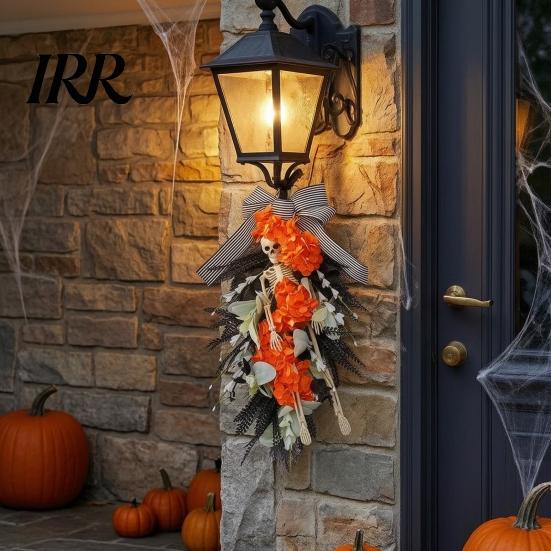 Built-in Lanyard Wreath Halloween Skeleton for Front Door, Spooky Skull Teardrop Swag with And Floral Arrangement Artificial Flowers Bow Gothic