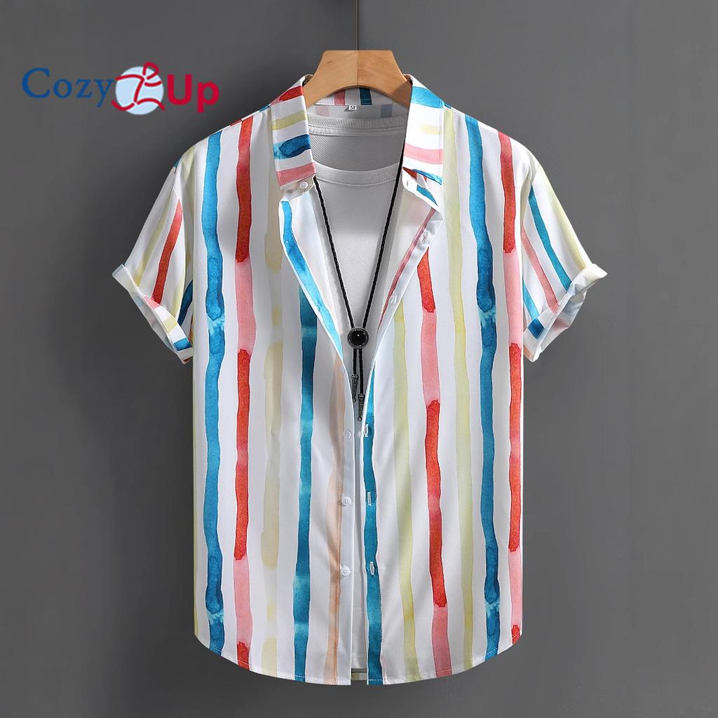 Повседневная мужская рубашка с коротким рукавом в полоску с акварельным принтом, мужская рубашка, лето 2025 г.