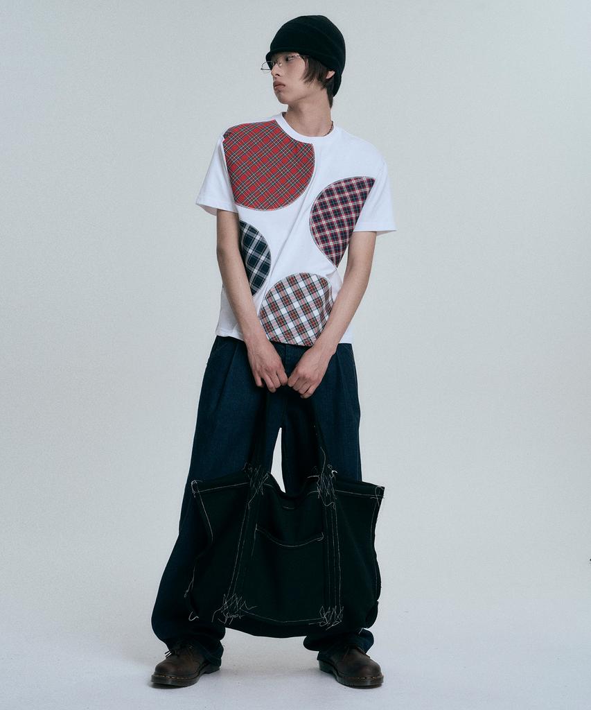 MOO Check Circle Patchwork Short Sleeve T-Shirt - White