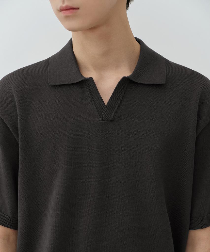 MUSINSA STANDARD Washable Supima Cotton Slit Neck Knitted Polo Shirt [Dark Grey]