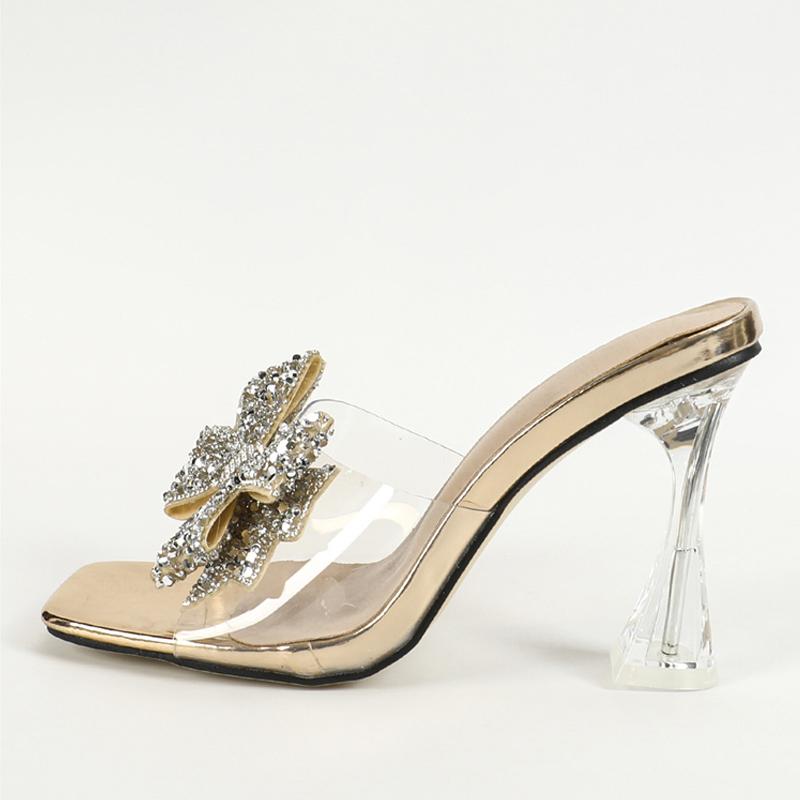 Liyke Модные серебряные блестящие бабочки с бантом женские прозрачные тапочки летние квадратные носки прозрачные босоножки на высоком каблуке женская обувь