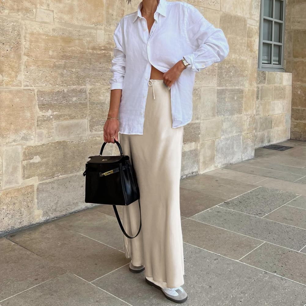 Summer Fall Women's Drawstring Hip Sheath Dress Elegant Silk Satin High Waist Floor-length Skirt Elastic Ankle Length Line A