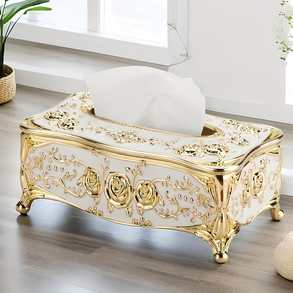 [Коробка для салфеток с узором розы] Роскошная коробка для салфеток с золотым покрытием - Узор розы, Европейский и американский стиль - Подходит для разных комнат и случаев