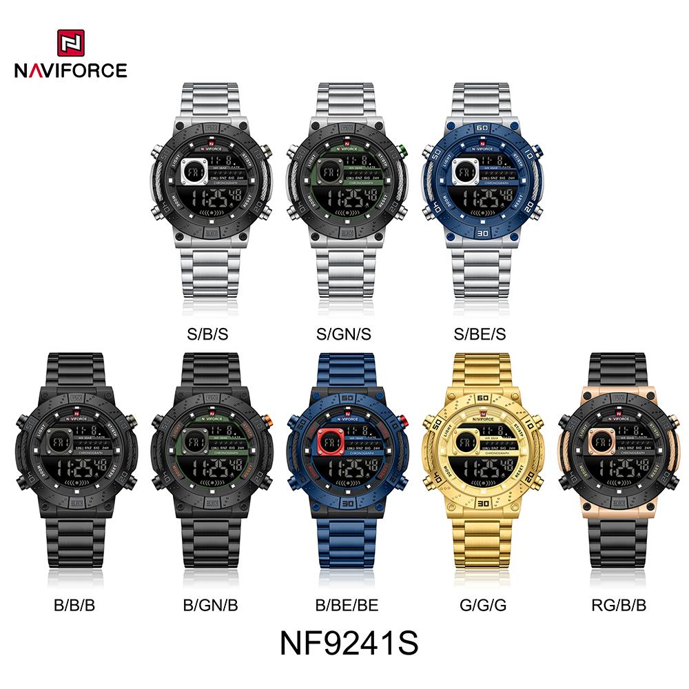 Naviforce ЖК-цифровые часы для мужчин с датой, хронографом, будильником, ремешком из нержавеющей стали, водонепроницаемые, ночной режим, многофункциональные мужские часы NF9241S