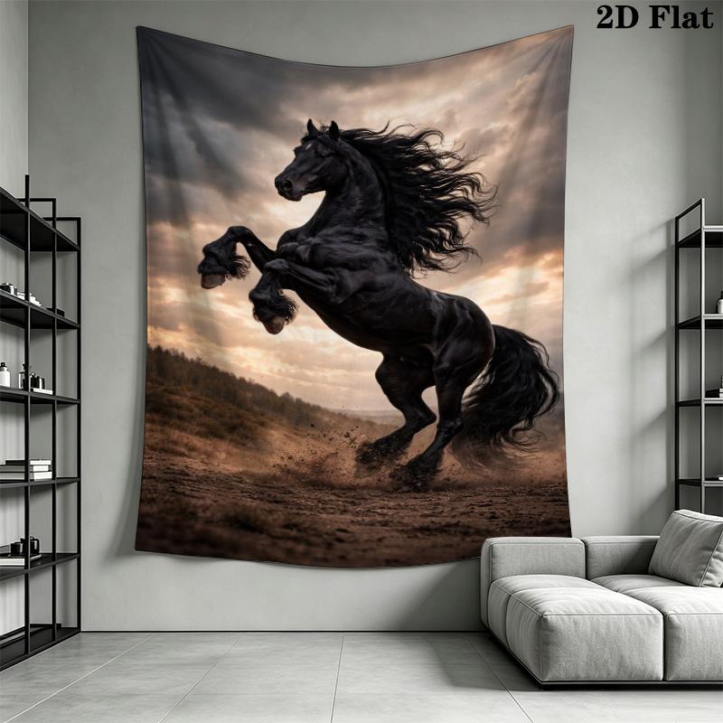 Black Horse with Golden Floral Pattern Tapestry, Ornate Horse Portrait Art Print Wall Hanging Home Decor