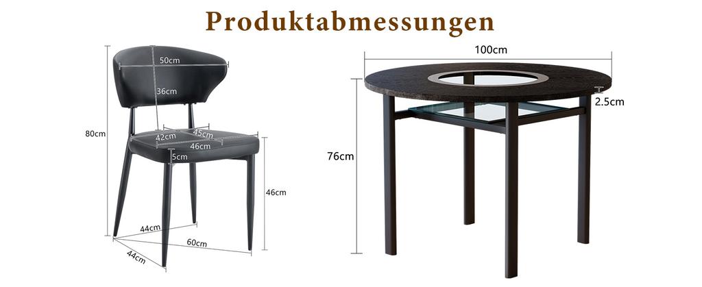 Minimalist round table set (with 2 black armchairs made of PU material and curved comfort backrest), with 100 cm diameter in black wood look.