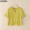 VONDA Женская блузка с V-образным вырезом, коротким рукавом, застегивающаяся на пуговицы, повседневная, элегантная, укороченная