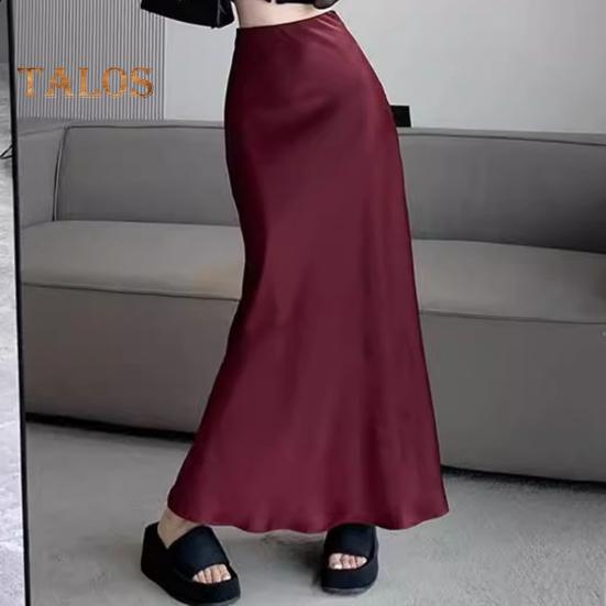 Women Fishtail Skirt High Waist Fishtail Hem Maxi Skirt Solid Color Retro Satin Texture Hip Wrapped Skirt