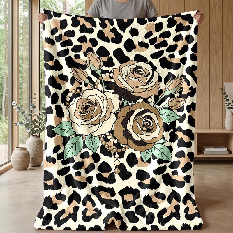 Leopard Roses Heart Theme blanket Lightweight Warm Flannel Blanket Decorative Throw Blanket for Home Decoration