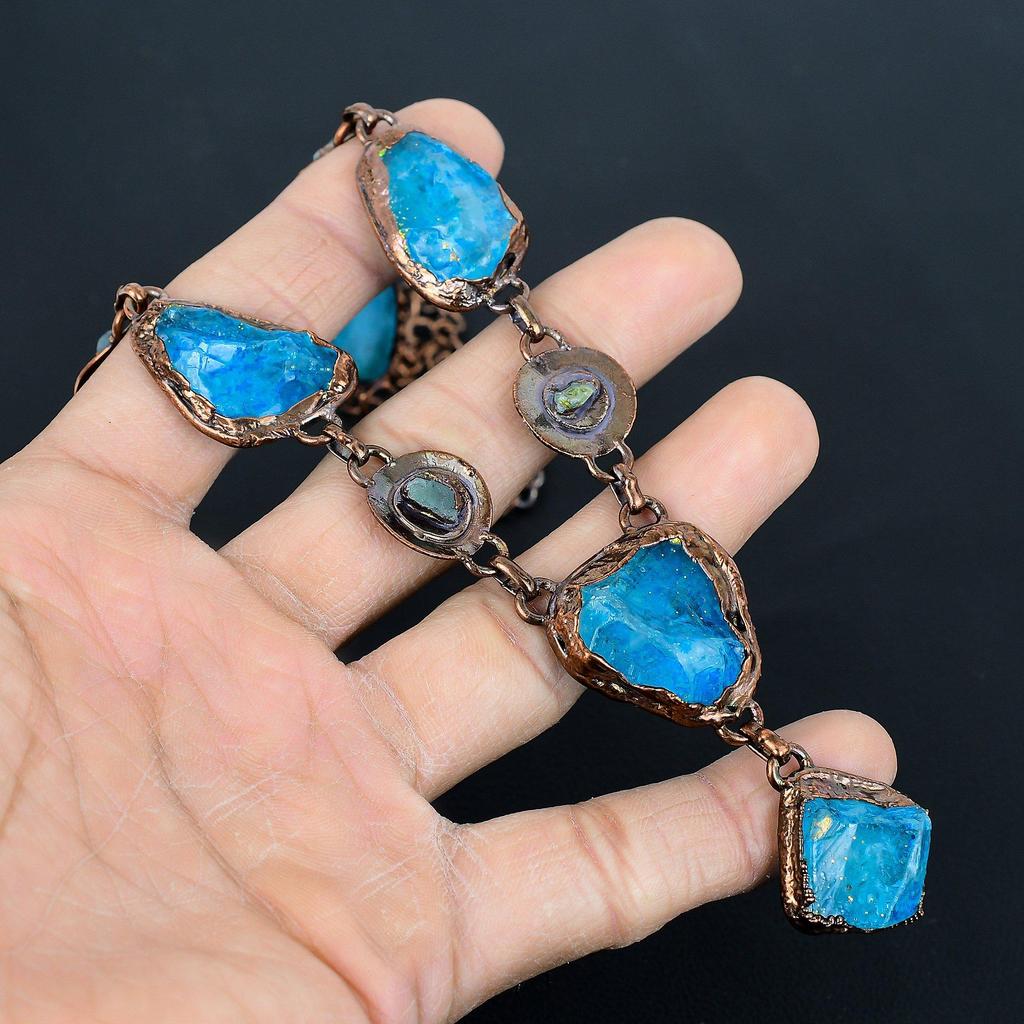 Neon Blue Apatite & Peridot Handmade Gemstone Necklace, Copper Electroformed Necklace Antique Jewelry, Adjustable Necklace Engagement Gift