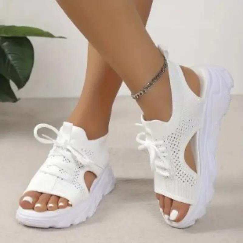 Fashion Large Size Sports Sandals for Women, 2025 New Hollow Toe Sandals, Fashionable Thick Soled Fly Woven Casual Beach Sandals