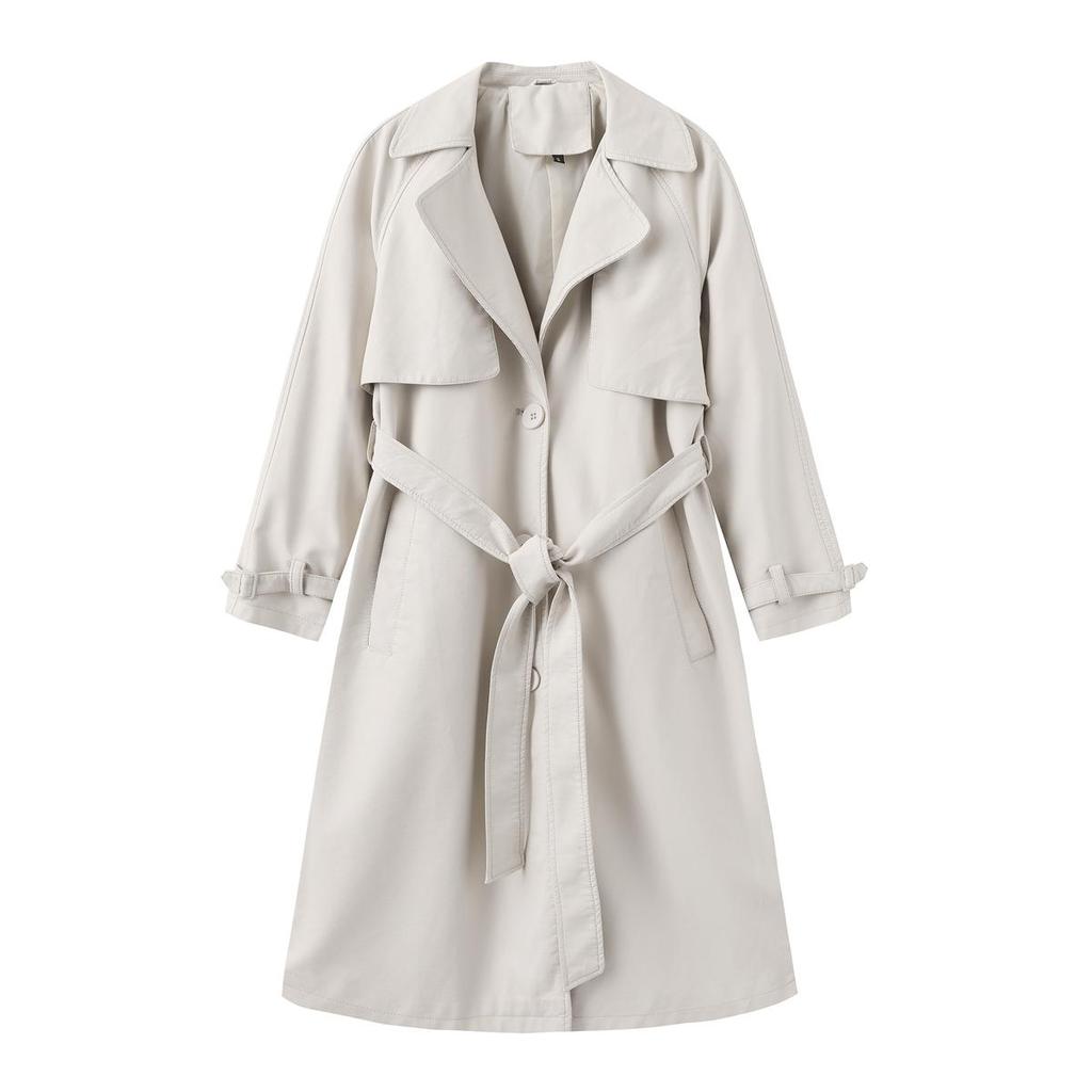 Women’s Coats Faux Leather Lapel Windbreaker PU Loose Three Row Button Trench Coat Classic Overcoat with Belt Autumn Winter Outer Wear