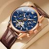 OLEVS Модные Мужские Автоматические Механические Часы Корпус Rose Gold Турбийон Скелет Дата Фазы Луны Водонепроницаемые Часы Reloj