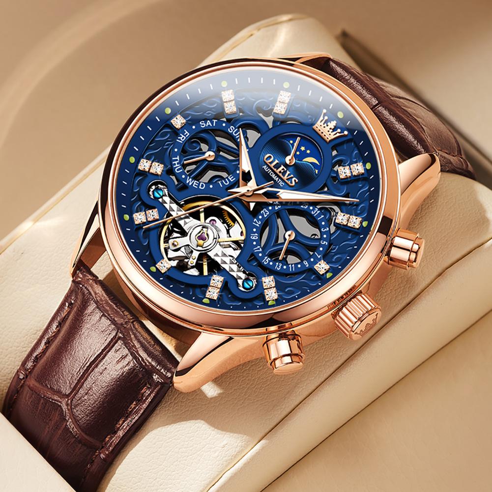 OLEVS Модные Мужские Автоматические Механические Часы Корпус Rose Gold Турбийон Скелет Дата Фазы Луны Водонепроницаемые Часы Reloj